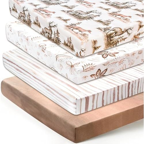 Stretchy Fitted Crib Sheet for Unisex Baby 4 Pack for 52 * 28 inches Standard Crib and Toddler Mattress,Breathable and Ultra Soft Baby Sheet,Deer Pattern