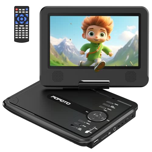 POFOTO 9.5" Portable DVD Player for Kids and Car with 7.5" Swivel Screen, 4-6 Hour Working Time, Car DVD Player with Dual Speakers, Remote Control, Support Sync TV, Region Free USB/SD/AV