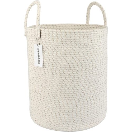 Cotton Rope Laundry Basket Hamper for Clothes Woven Storage Basket for Living Room Bedroom Boho Tall Rope Baskets for Blanket Toys Pillow Towels Baby Nursery Hamper Bin striped