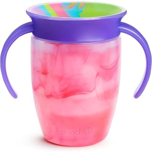 Munchkin Miracle 360 Sippy Cup for 6 Month Old, Spill Proof Baby and Toddler Cups with Transition Handles, 7 Ounce, Tie Dye, Pink