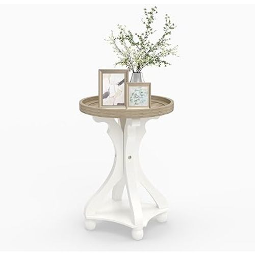 Accent Wood Farmhouse End Table, Round Side Tables, Nightstand Natural Tray Top and Distressed Carved Legs for Bedroom Living Room, White