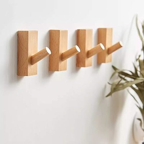 HomeDo 4Pack Adhesive Hat Rack, Wooden Coat Hooks Wall Mounted, Decorative Hooks Single Organizer Hat Hanger Towel Rack, Heavy Duty Wall Hooks (Rectangle-Beech,4P)