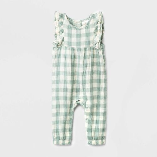 Baby Girls' Gingham Gauze Long Leg Romper - Cat & Jack™ Mint Green