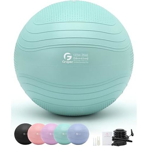 Gruper Yoga Ball, Extra Thick Exercise Ball for Workout Pregnancy Stability - 4 Sizes Anti Burst Balance Ball for Yoga, Pilates, Fitness, Birthing, Physical Therapy - Includes Pump