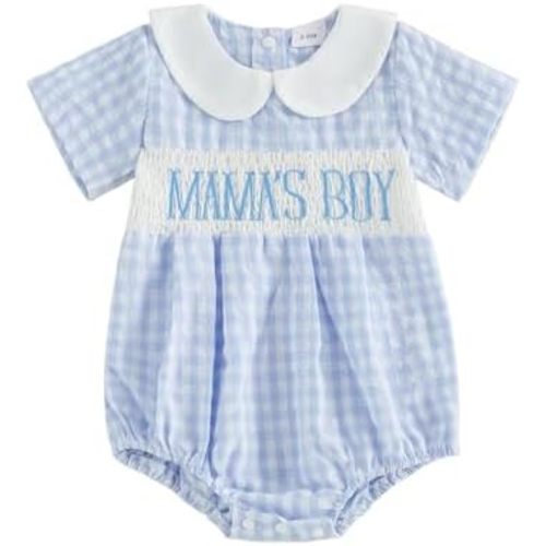 Socutebabe Baby Boy Mothers Day Clothes Newborn Bubble Romper Short Sleeve Smocked Bodysuit Summer Outfit Mama Boy Outfits