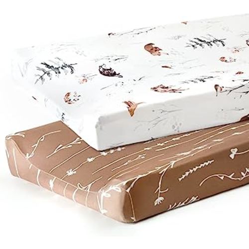 GRSSDER Stretch Ultra Soft Jersey Knit Changing Pad Cover Set 2 Pack, Change Table Pad Covers Fit 32"/34" x 16" Pads Safe and Snug, Pretty Pattern for Boys and Girls, Jungle Animals