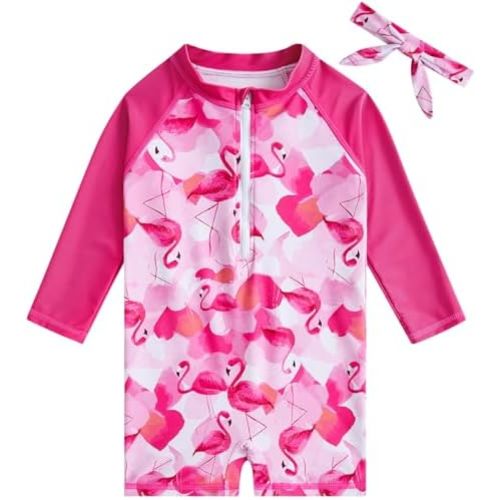 Toddler Baby Girls Swimsuit Long Sleeve Bathing Suit UPF 50+ Rash Guard One Piece Zipper Swimwear 6 Months-4 Years