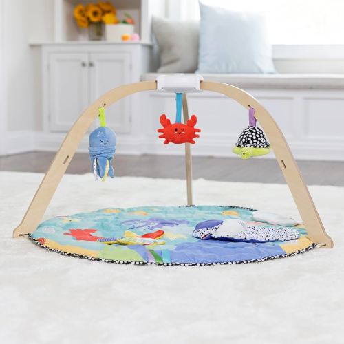 Melissa & Doug Ocean Easy-Fold Wooden Play Gym for Infants, Reversible Mat, 5 Soft Toys, Birth to 9 Months - FSC-Certified