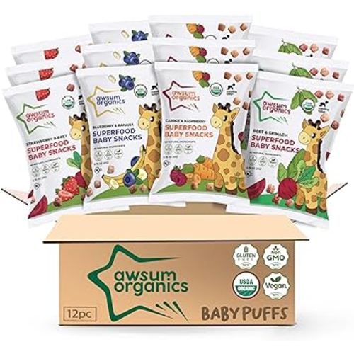 Awsum Organics Baby Snacks - Happy Healthy Baby Food - Snack for Babies - Organic Vegan Kosher Gluten Free - Natural Plant Based Protein Puffs - Non-Allergy - No Added Sugar 0.75 Oz Bag (Variety, 12 packs).