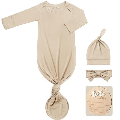 Hello World Newborn Outfit Knotted Gown 0-3 Months, Baby Girl Boy Coming Home Sleeper with Sign