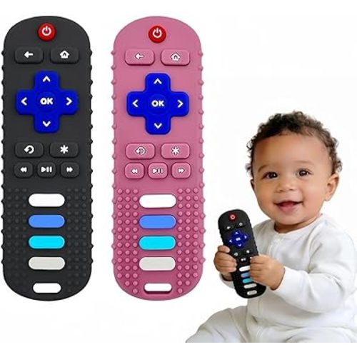 2-Pack Baby Teething Toys, BPA-Free Silicone Baby Remote Control Teething Toy for 3-18 Months, Teething Relief Baby Toys for Infants, Teething Relief Newborn Remote Shaped Toy (Black&Pink)