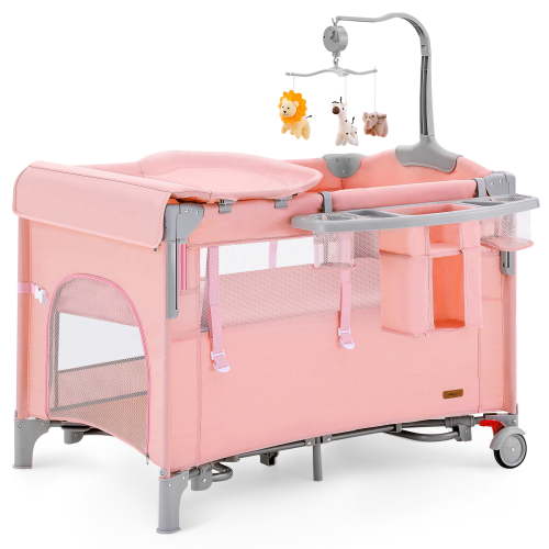 HARPPA 5 in 1 Portable Baby Playard Bassinet with Changing Table Pink for Newborn to Toddler