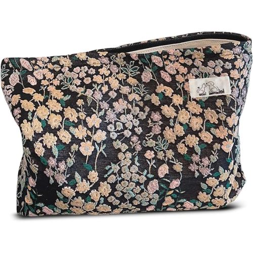 HAPPYHEIDI Women Aesthetic Makeup Bag With Compartment Accessory Zipper Pouch for Cosmetics Travel, Purse Organizer, Embroidery Lucky Flowers Black