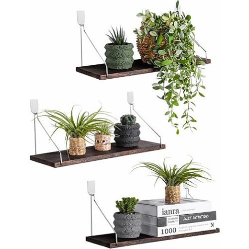 MITIME Floating Shelves Set of 3 Rustic Solid Wood Floating Shelf Wall Storage Shelves for Living Room, Bedroom, Bathroom, Kitchen Laundry, Office.no Drill Shelf(Retro Color L+L+L)