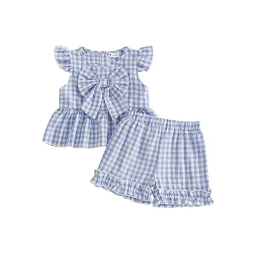Loicainy Toddler Baby Girl Summer Outfits 6 12 18 24 Months 2T 3T 4T Plaid Bowknot Front Fly Sleeve Crew Neck Tops Elastic Waist Shorts 2Pcs Clothes Set