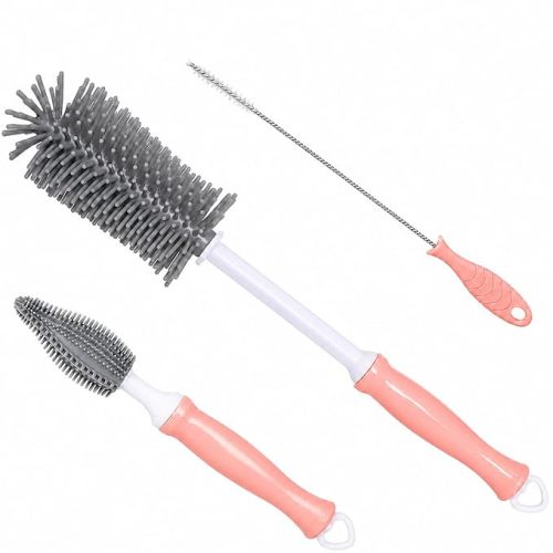 Silicone Bottle Brush Set, 12" Long Handle, Nipple and Straw Brushes