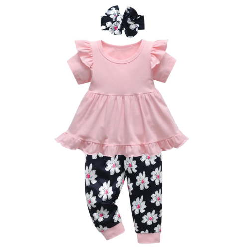 Toddler Baby Girl Clothes Solid Color Short Sleeve Ruffle Tops Pants Headband Outfits Set (6-9 Months, Pink)