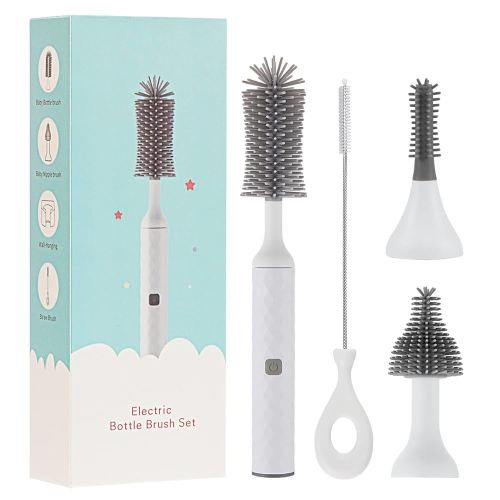 Electric Baby Bottle Brush Set with Electric Bottle Brush and Silicone Bottle/Nipple Brush, Long Straw Cleaner, Rechargeable Bottle Cleaner Electric,Waterproof Water Bottle Cleaner,White