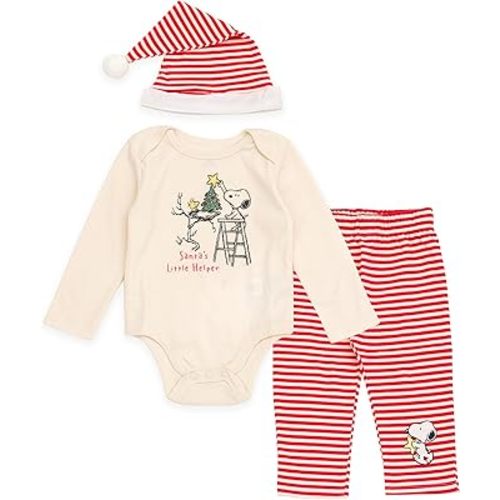 Peanuts Christmas Baby Bodysuit, Pants and Velour Santa Hat 3 Piece Outfit Set Newborn to Infant Sizes (Newborn - 24 Months)