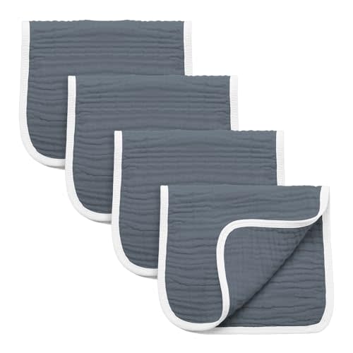 Synrroe Burp Cloths Large, Muslin Burp Cloths for Baby Girls and Boys, Pack of 4 Extra Absorbent and Soft Muslin Bibs, 6 Layers 20 by 10 Inches 100% Cotton (Dark Grey 4 Pack)