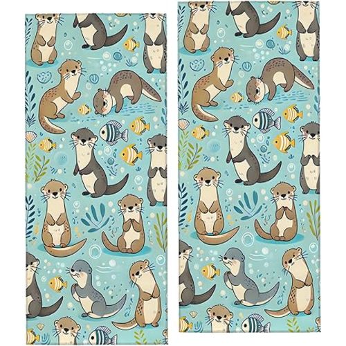 Cute Otter Hand Towels 2PCS Decor Handtowel,Beach Kitchen Dish Towel Set,Soft Absorbent,Polyester,14.5" X 28",Daily Decoration,for Bathroom Bath Spa (Sea Otters Light Green)
