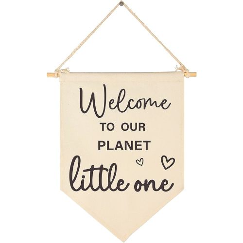 Baby Arrival Gift-Welcome to Our Planet Hello World- Canvas Hanging Pennant Flag Banner Wall Sign Decor Gift for Nursery Baby Kids Girl Boy Teen Bedroom Playroom Front Door- Birthday Christmas Gift