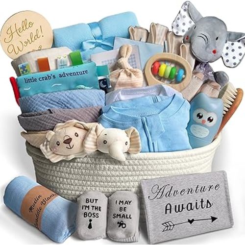30-Piece Baby Shower Gifts for Boys, Newborn Essentials Must Haves,Large Baby Boy Gift Basket Set Essential Stuff,Gender Reveal Gifts,Rattle Swaddle,Blue,Baby Registry Search,Diaper Caddy Organizer