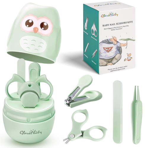 Baby Nail Kit, Baby Manicure Kit and Pedicure with Cute Owl Shape Case. Baby Nail Clipper, Scissor, Nail File & Tweezer for Newborn, Infant & Toddler, Mothers Day Gifts(Green)