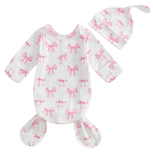 Newborn Infant Baby Girls Knotted Gown with Hat Coquette Bow Aesthetic Blanket Sleeping Bag Swaddle Set