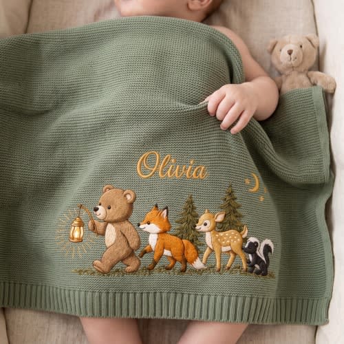 Personalized Embroidered Animal Baby Blanket,Custom Name Deer Bear Fox Nursery Blanket,Coming Baby Blanket,Baby Knit Keepsake,Baby Show Gift