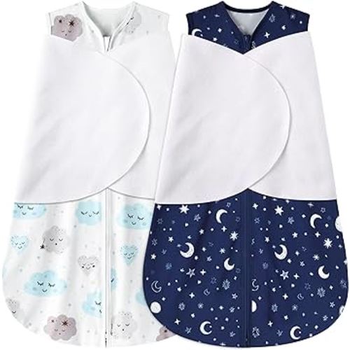 Newborn Sleep Sack Baby Swaddle,6-12 Months,3-Way Adjustable Wearable Blanket,100% Rayon Cotton Swaddling sleeping bag,TOG 0.5(Clouds&Starry Sky)
