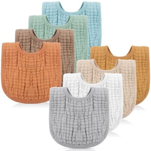 Frienda 8 Pcs Muslin Baby Bibs Cotton Bandana Drool Bibs Bulk for Newborn Infant 6 Absorbent Layers Feeding Accessory