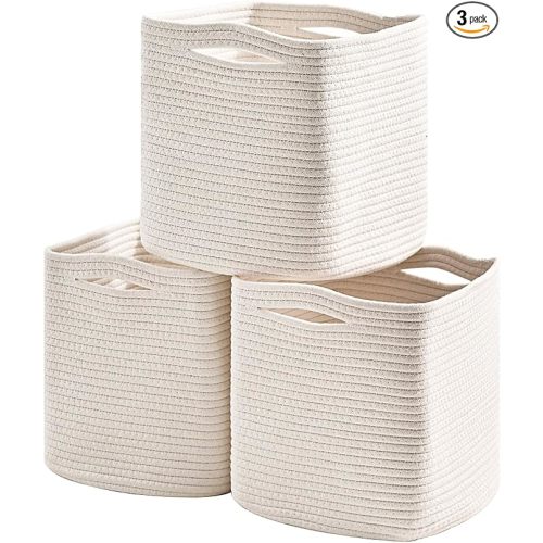 11 Inch Cube Storage Bins, 11x11 Cube Storage Bins for Cube Organizer, Square Cloth Storage Cubes, Woven Storage Baskets for Shelves, Toy Rope Baskets Storage Kids, Off White (Pack of 3)