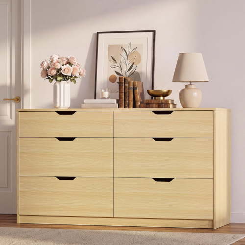 Homall 6 Drawer Double Dresser for Bedroom, Wood Storage Cabinet with Handle-Free Design, Modern Chest of Drawers for Bedroom, Natural