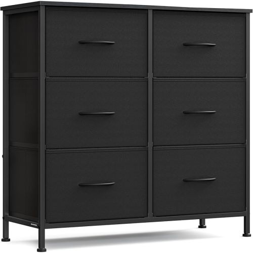 SONGMICS Dresser for Bedroom, Chest of Drawers, TV Stand, Steel, MDF, 6 Non-Woven Fabric Drawers, Storage Organizer Unit, Closet, Entryway, Ink Black and Ebony Black ULGS123B01S