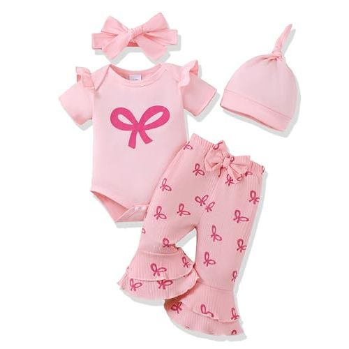 Renotemy Newborn Baby Girl Clothes Infant Romper Spring Summer Outfits Gifts Bell Bottoms Pant Sets for Girls Preemie-12Month