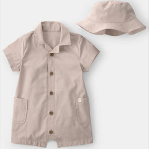 Baby Boys' Canvas Short-Sleeve Romper and Bucket Hat, 2-Piece Set