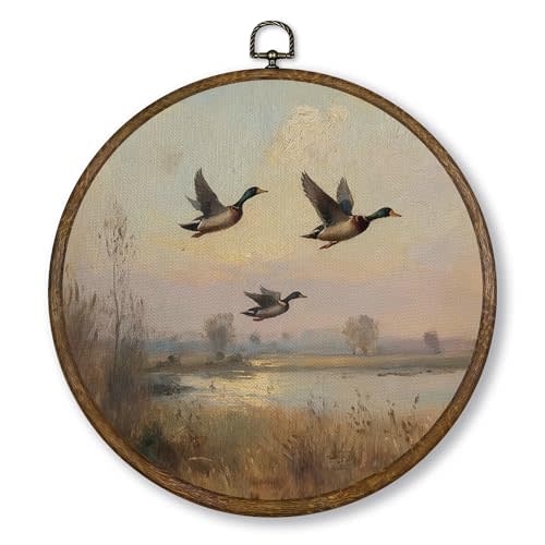 Qskjre Vintage Flying Mallard Duck Wall Art Decor, Rustic Farmhouse Round Wood Framed Canvas Picture Wall Artwork, Cottagecore Country Duck Hanging Prints for Living Room Bedroom Decorations, 10x10in
