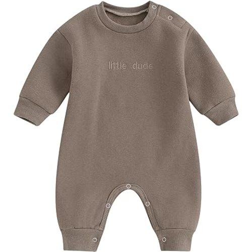 allshope Newborn Baby Boy Fall Outfit Romper Little Dude Embroidery Long Sleeve Jumpsuit Bodysuit Infant Winter Clothes