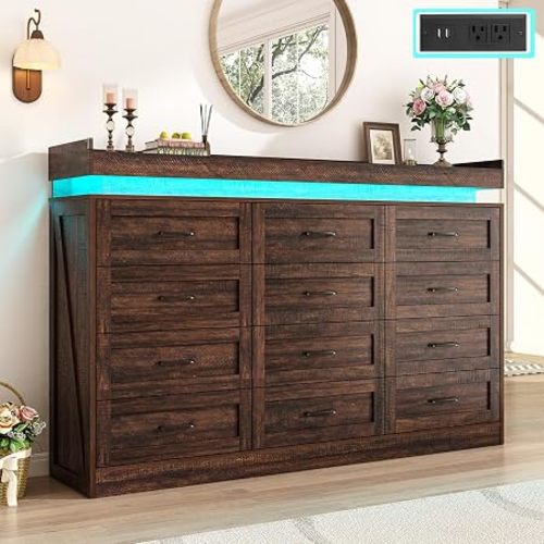 71" Wide 46" Tall Large Farmhouse 12 Drawers Dresser for Bedroom with LED Light and Power Outlets,Wood Rustic 12 Chests of Drawers for Closet,Tall Storage Dresser Organizer for Bedroom(Brown)