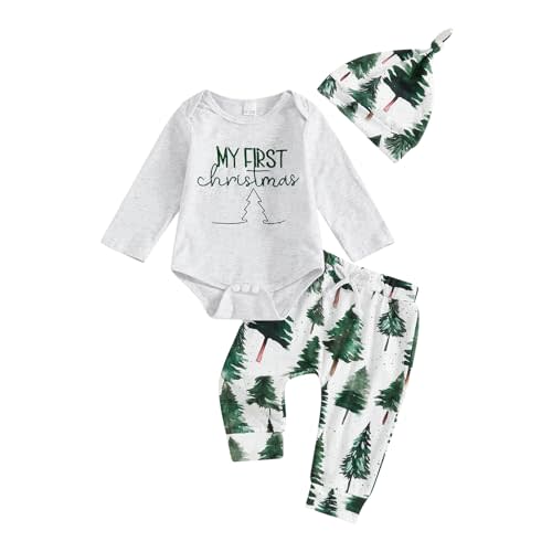 Bagilaanoe First Christmas Outfit Newborn Baby Boy Letter Long Sleeve Romper Pants Hat Christmas Tree Clothes 3PCS Set