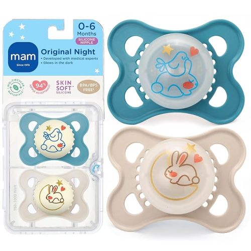 MAM Original Baby Pacifiers 0-6 Months, Binky for Newborn Babies, BPA-Free Skin Soft Silicone Nipple, Glows in The Dark, Developed with Medical Experts, 2 Count, Sterilizer Case, Made in Europe