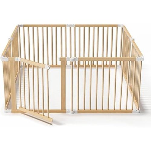 Foldable Baby Playpen, Wooden Play Yard with Safety Gate, Non-Toxic Baby Activity Center, Easy to Fold Storage, Indoor Playpen for Babies & Todlers