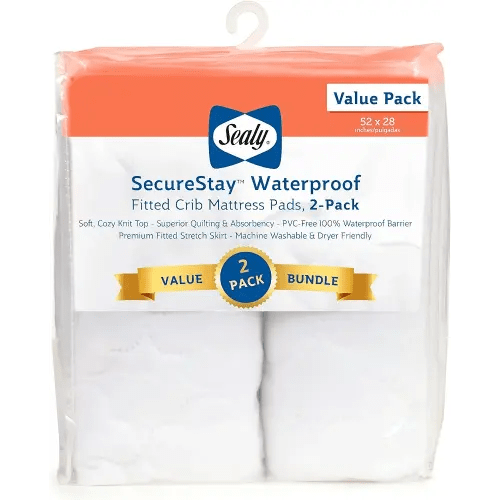 Sealy Baby SecureStay 2-Pack Fitted Waterproof Infant Crib Mattress Protector Pad and Toddler Bed Cover, Durable and Comfortable Topper, Machine Washable and Dryer Friendly, 52” x 28”- White