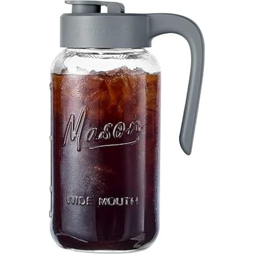 Mason Jar Pitcher - Airtight & Leakproof Glass Pitcher with Lid, Perfect for Breastmilk, Cold Brew, and Sun Tea, 2 Quart (64 oz) Mason Jar with Pour Spout Lid