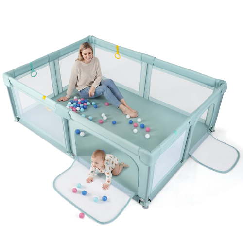 Costway Portable Baby Playpen, Large Baby Play Yard with 50 Ocean Balls, 4 Pull Rings Blue