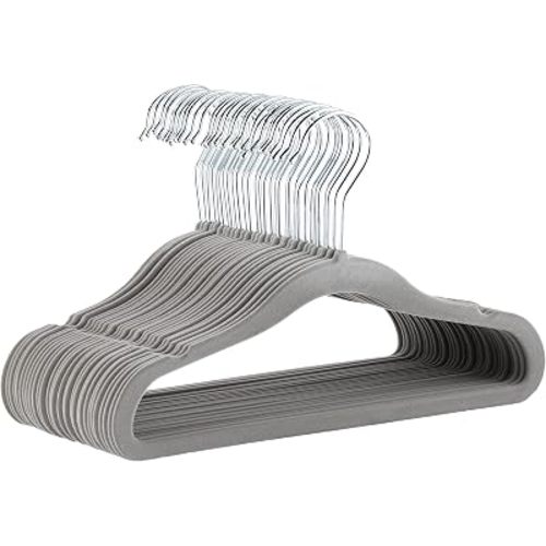 Amazon Basics Kids Velvet Non-Slip Space Saving Clothes Hangers with Shoulder Notches, Sturdy Closet Organizer for Baby/Toddler, 11.6", Gray, 30-Pack