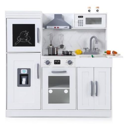 Wooden Play Kitchen Set, Kitchen Playset with Cookware Accessories, Microwave, Oven, Sink, Real Lights & Sounds
