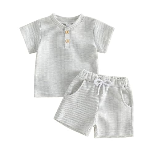Toddler Baby Boy Summer Clothes Button Waffle Short Sleeve T-Shirt Top Elastic Waist Shorts Set 2Pcs Infant Outfit