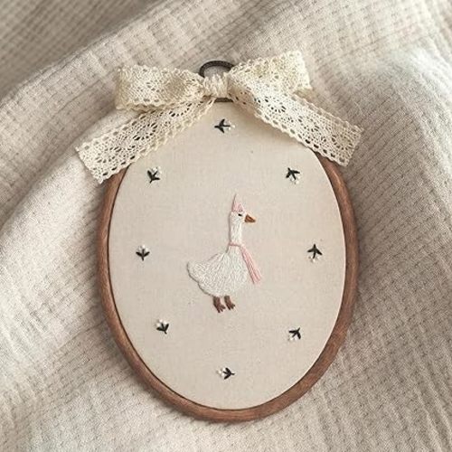 Yalikop Silly Goose Wall Art Decor Embroidered Oval Wall Art with Lace Bow Wooden Hoop Framed Canvas Prints Artwork Cottagecore Hanging Decor for Baby Shower Nursery Bedroom(Pink)